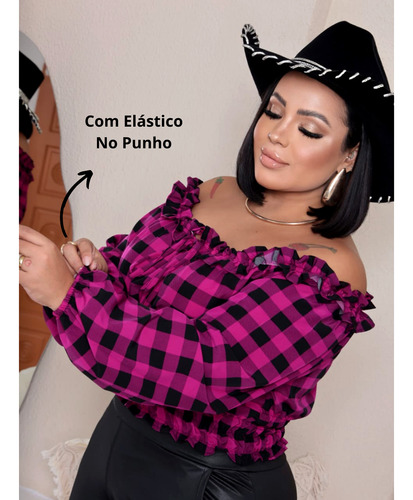Cropped Xadrez Plus Size Manga Longa Ciganinha Festa Junina
