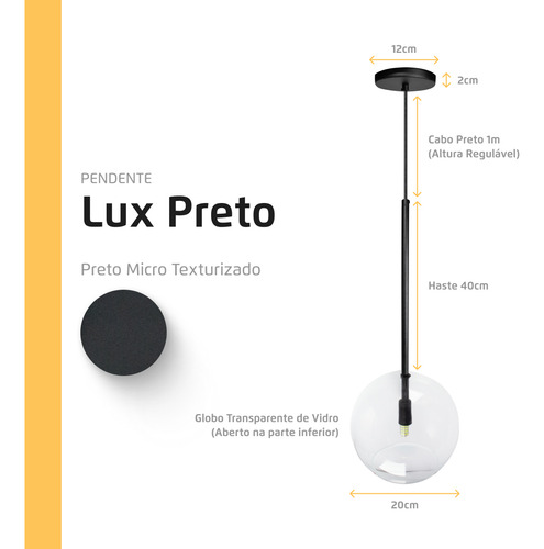 Pendente Lux Preto Globo Vidro Cristal 20cm + Led