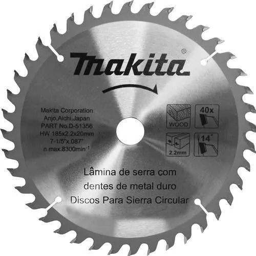 Disco Hoja Sierra Makita Madera 185mm 20mm 40d D-51356