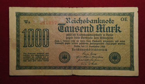 Billete 1000 Marcos Alemania 1922 Pick 76b.oe.4 Dornen