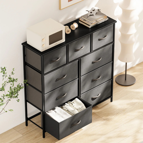 Cómoda Yangming De 9 Cajones Con Acabado En Tela Elegante Gris Oscuro