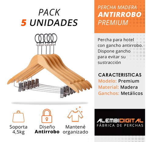 Pack 5 Perchas Antirrobo Lujo Madera Hotel Pantalon Pollera