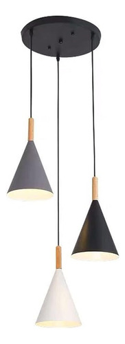 Lampara Colgante Kivs Cone Black White Grey Triple Color Con Luz E27 Para Techo Base Circular Altura Ajustable (p86)