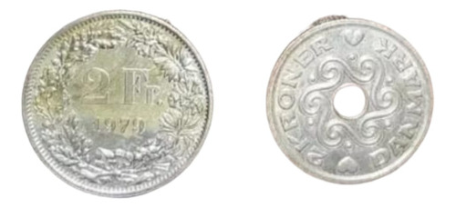 2 Francos Suizos 1979 + 2 Kroner Dinamarca 1992