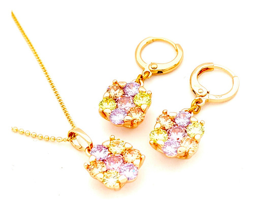 Collar Mujer Oro Laminado Dije Aretes Largos Fiesta Elegant