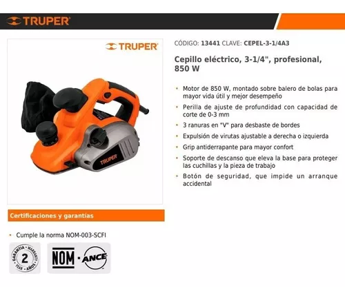 Cepillo eléctrico 3-1/4 850 W, profesional, Truper