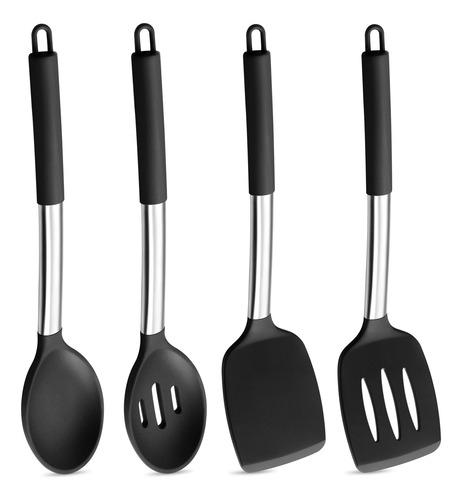 Juego De 4 Utensilios De Cocina De Silicona Negros Antiadher