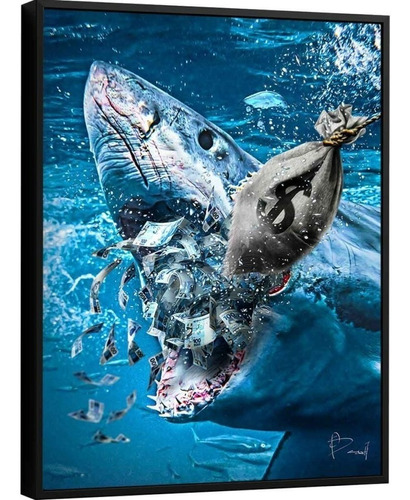 Quadro Shark Money 76x100cm Moldura + Vidro