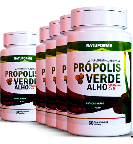 5 Potes Própolis Verde Alho Vitamina C, D - 1000mg 60 Cáps Sabor Propolis Com Alho