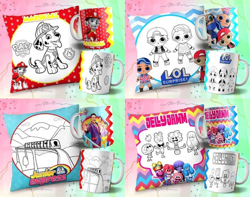 Kit Diseños Tazas Almohadones Colorear Dia Del Niño Combo #4