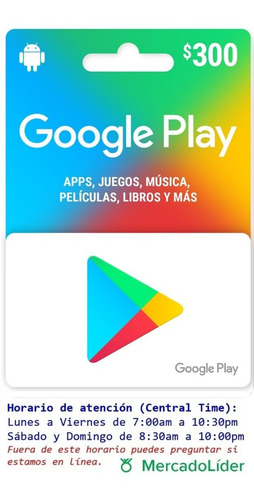 Imagen 1 de 2 de Tarjeta Google Play De 300 Pesos