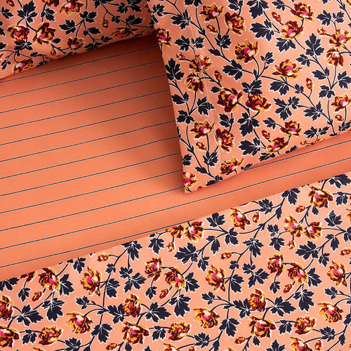 Juego De Sábanas Arredo Queen Size Flores Hojas Rosa