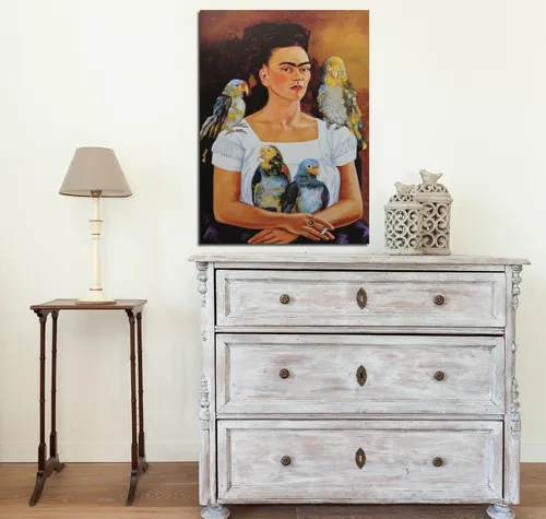 Cuadro 50x75cm Frida Kahlo Yo Y Mis Pericos Loros Animales