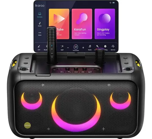 Caixa De Som JOOG Ikarao Break X1 Karaokê Bluetooth 5.4 WiFi 2.4G/5G 600w Tela 10.1" IPS Touch Screen 2x Microfones sem fio inclusos
