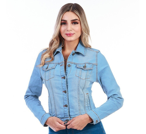 Imagen 1 de 6 de Chamarra De Mezclilla Stretch Ajustable Para Dama Azul Medio