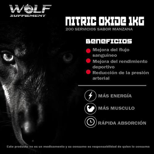 Óxido Nítrico Pre Entreno 1kg Wolf 200 Serv Varios Sabores Manzana