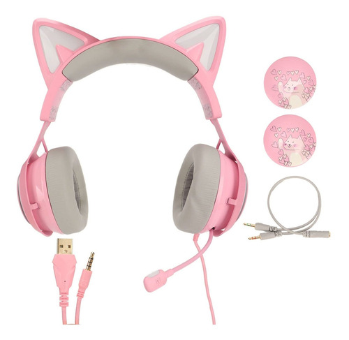 Rosa Auricular Para Juego Oreja Gato Usb Microfono