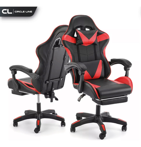 Silla Gamer Ergonomica Reclinable Con Apoya Pies Base Giratoria De Cuero Sintetico Color Rojo Cl