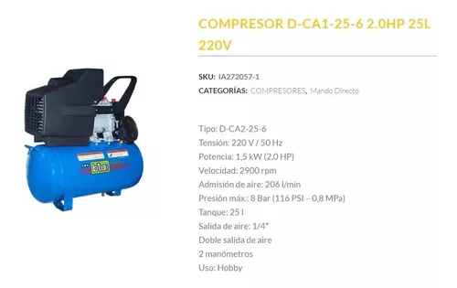 COMPRESOR 2Hp 50 LITROS 220V D-CA2-50-6 - BTA Tools