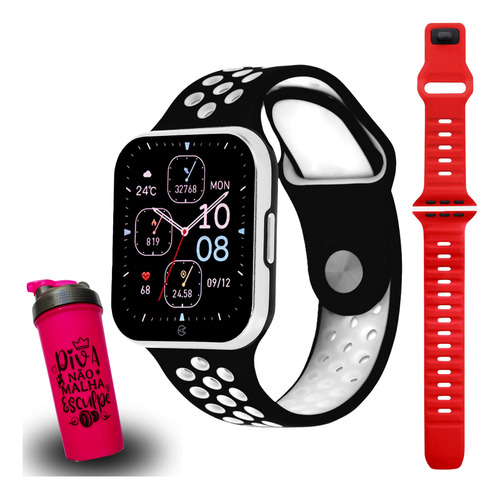 Relógio Smartwatch Champion Troca Pulseira + Pulseira Extra Caixa Preto Pulseira Vermelho Bisel Cinza