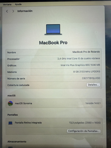 Macbook Pro A1989 13 Retina 8gb 512gb Space Gray Gris (Usado)