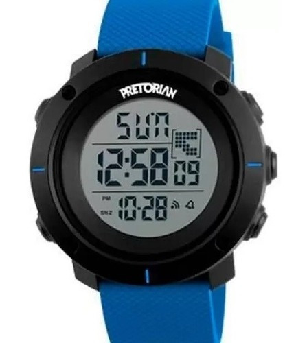 Relogio Pretorian Digital Masculino Esportivo Prova Dágua Cor da correia Relogio Digital Azul Cor do bisel Preto Cor do fundo Cinza