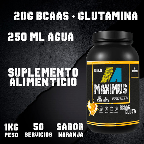 Bcaas + Glutamina Maximus 1kg Varios Sabores Naranja