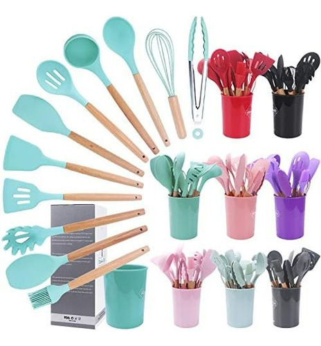 Set De Cocina Juego De Utensilios De Silicona Madera 12pz