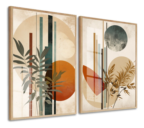 Kit Quadros Decorativos Pôster Abstrato Folhas Moderno Vidro