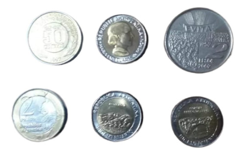 6 Monedas Conmemorativas, 3 De Evita + 2 De 1 Peso + 1 De 2
