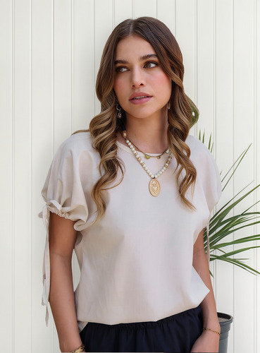 Blusa Textura Lino Corte Recto Con Detalle Lazos Para Mujer