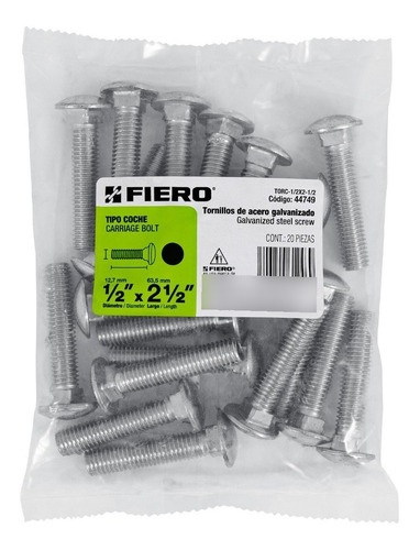 Bolsa Con 20 Tornillos 1/2 X 2-1/2 Tipo Coche Fiero 44749