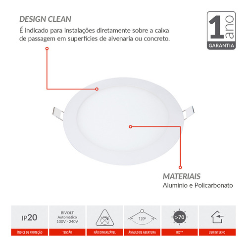Painel Led Plafon Aluminio Embutir 6w 4000k Branco Neutro 12cm 127/220v Redondo Cod:854020876 Avant