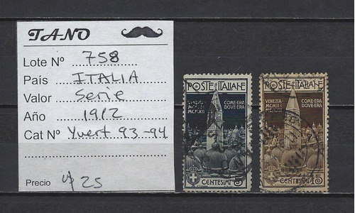 Lote758 Italia Serie Estampillas Año 1912 Yvert# 93-94
