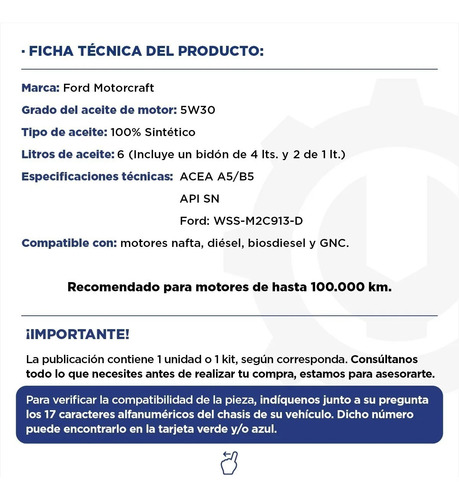 Kit De Aceite Motorcraft 5w30 Sintético Ford Focus X 6 Lts