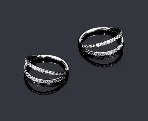 Piercing Titânio Argola Dupla Click Com Zircônias Cor Prata Natural 10mm