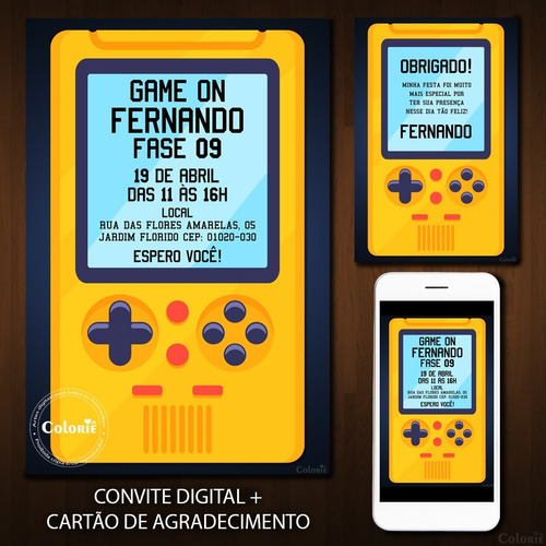 Convite Digital Vídeo Game: Mini Game Amarelo + Brinde