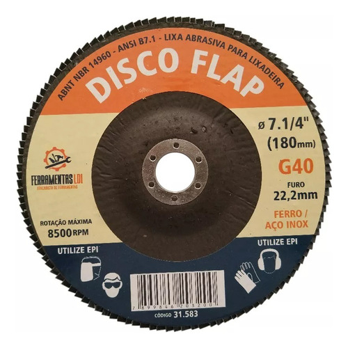 Disco Flap Grão 60 7 Pol. 180 X 22mm - Caixa 10 Unidades