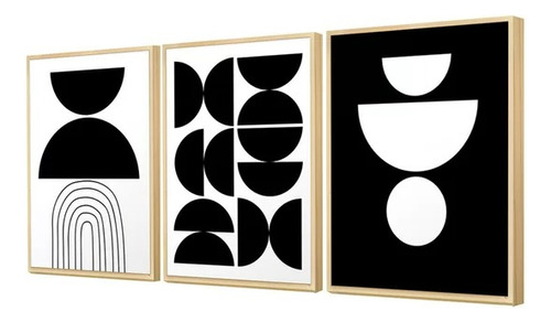 Kit 3 Quadros Decoração Formas Geométricas Preto Branco Sala