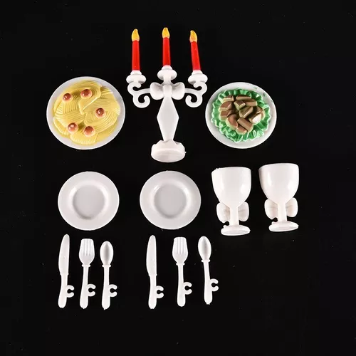 Kit Jantar Boneca Barbie Pratos Taças Talheres Comida Velas