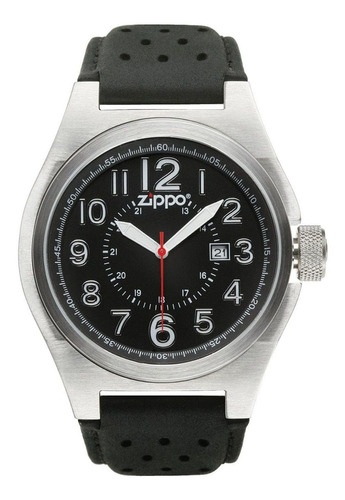 Reloj casual Zippo 45010 con correa de piel, fondo negro, bisel plateado