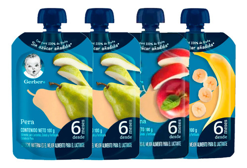 Compota Gerber 4 Pack 2 Pera 1 Manzana 1 Cambur 100g