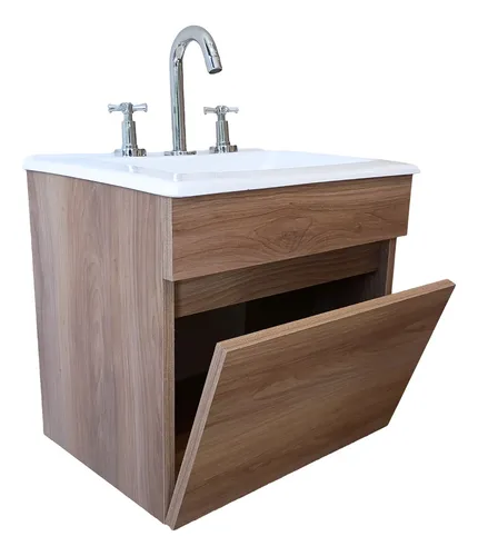 Vanitory Flotante Color Madera - 50 Cm - Con Griferia +bacha