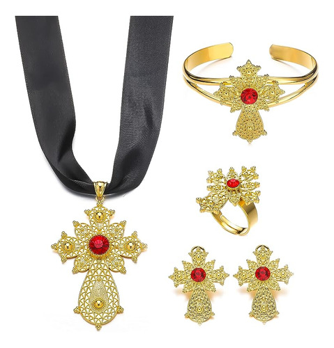 Joyas Oro Con Cruz Etiope Joyeria Habesha Diamantes Rojos Pa