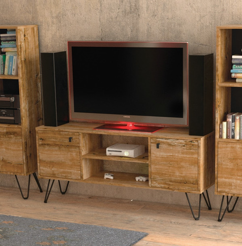 Mueble De Tv Rack Para Tv Led Tele Televisor Hasta 60'' Con 2 Puertas 2 Estantes Mdf 140cm Color Atakama Negro Industrial Patas De Hierro Dielfe Re141 Atakama