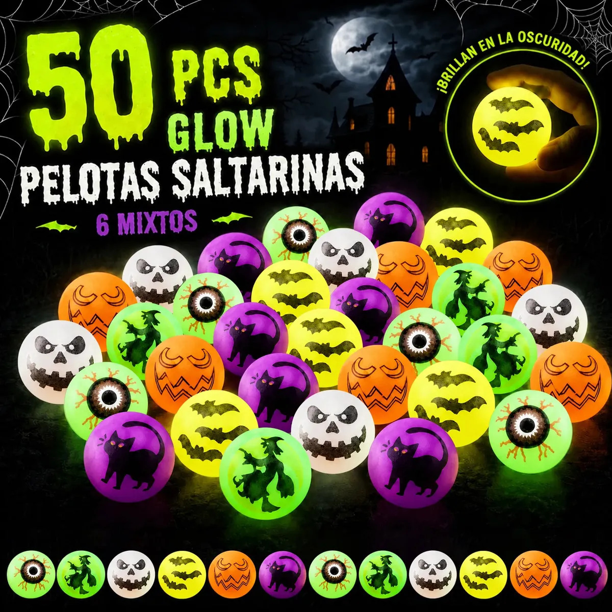 Pelotas Saltarinas de Halloween con Luz, Set de 50 que Brillan en la Oscuridad
