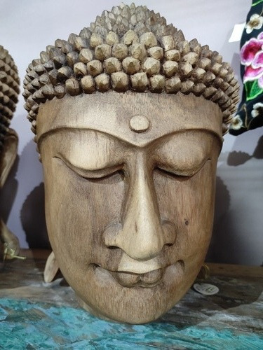 Imagen 2 de 4 de Buda Cabeza Tallado En Madera 30cm