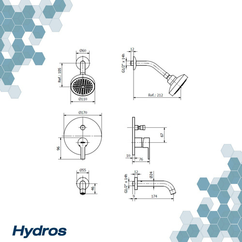 Grifería Ducha Monocom Duchador Embutir Hydros Calyx Transf