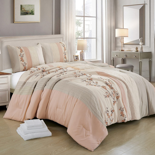 Juego De Edredón 7 Piezas Cama Matrimonial Florido Rubor Gri
