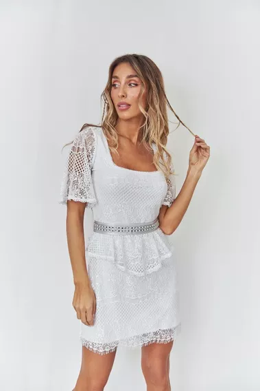 Vestido Novia Civil Encaje Blanco Peplum Mangas Campana